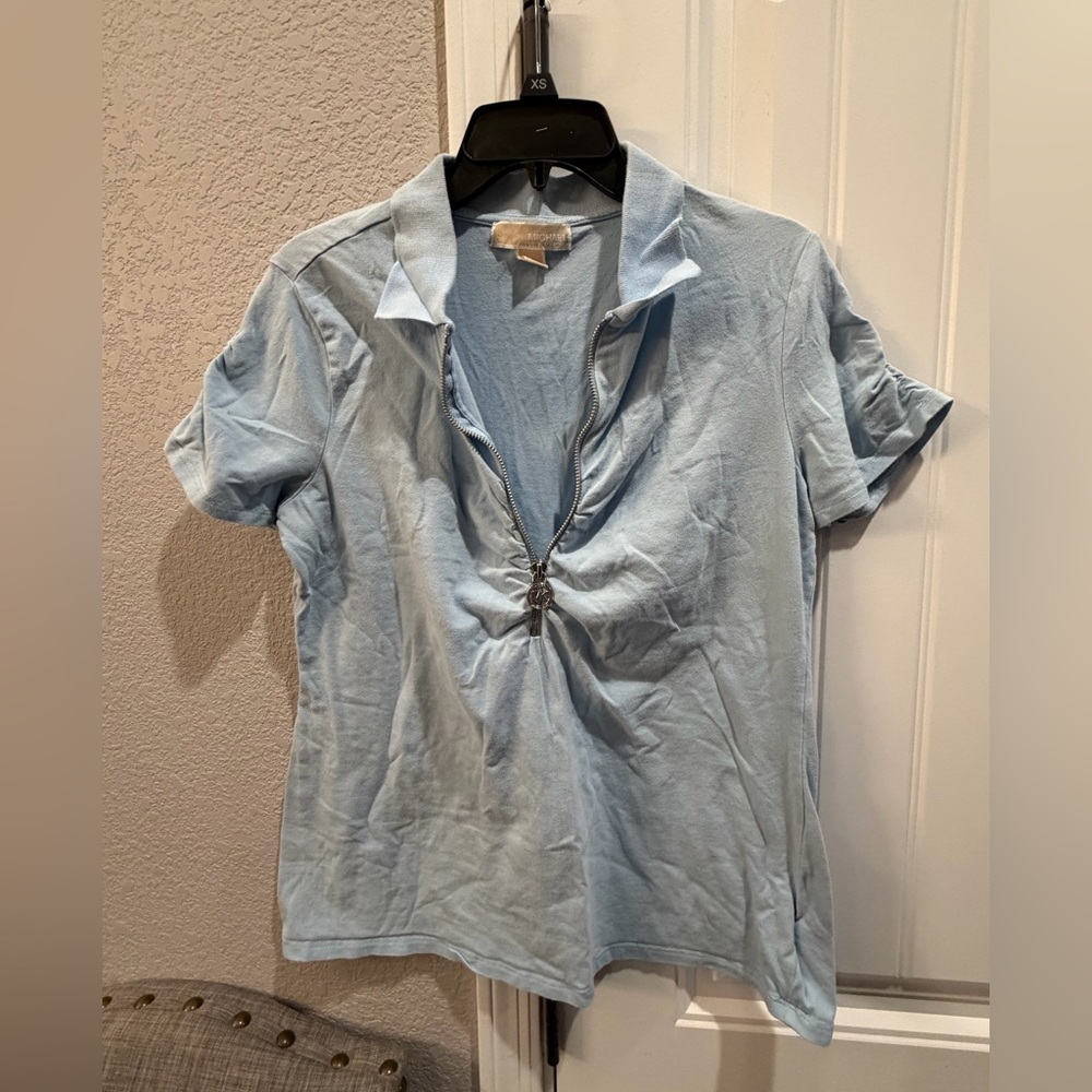 Michael Kors Pale Blue Short-Sleeve Zip Polo Top
